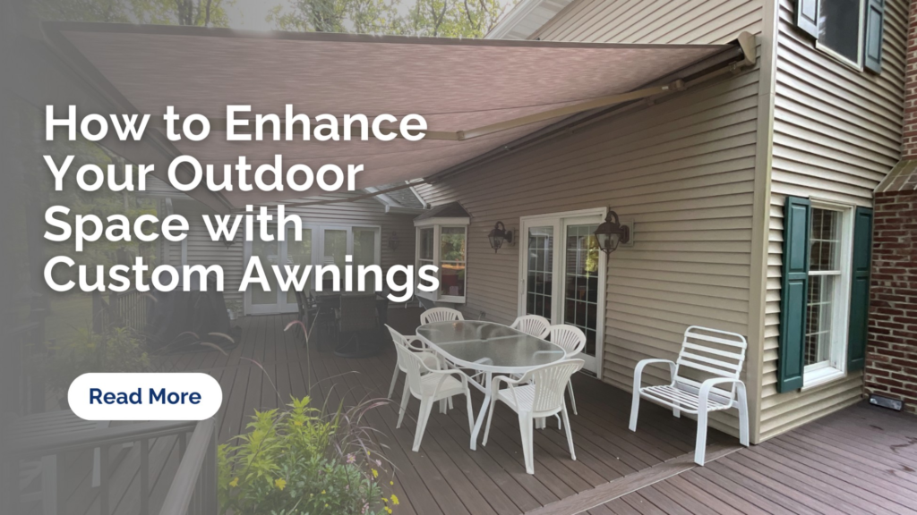An image of a backyard with an awning and seating area with the blog title and a 'read more’ button